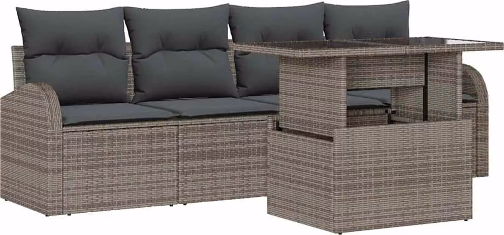 Set Divano da Giardino con cuscino 5 pcs Grigio Poly Rattan