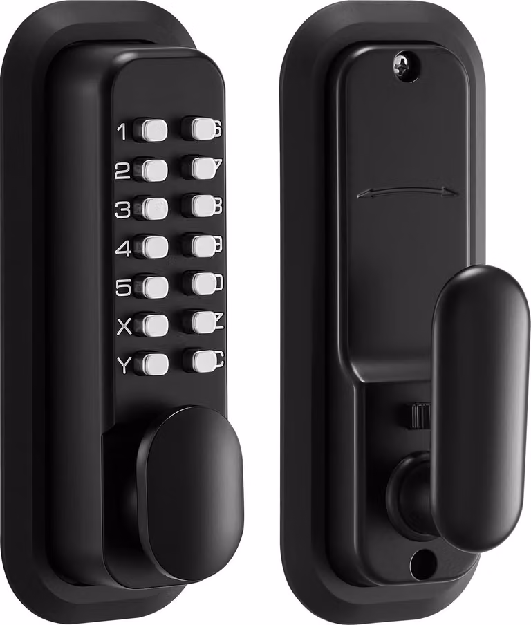 SucceBuy Serratura meccanica con codice a tastiera su un lato (codice da 4 a 7 cifre), serratura senza chiave con maniglia, pomello e chiusura automatica, adatta per porte d'ingresso e garage, nera