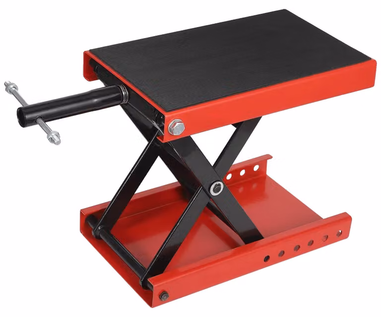 Piattaforma elevatrice a forbice per motociclette, capacità di carico 500 kg, altezza 23 cm, larghezza 71 cm, lunghezza 208 cm, materiale: acciaio