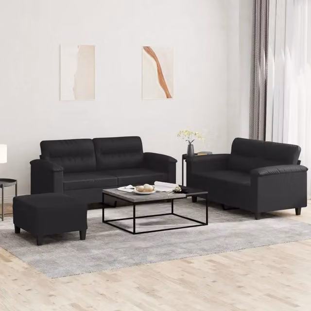 Set di divani 3 pezzi vidaXL in similpelle nera con cuscini per soggiorno in stile moderno – 1