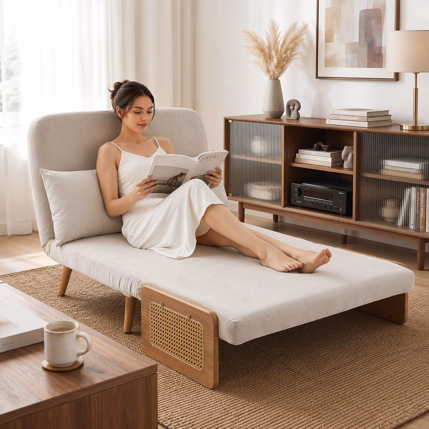 Divano letto HOMCOM 3 in 1 a 2 posti in ciniglia con 2 cuscini, colore beige – 2