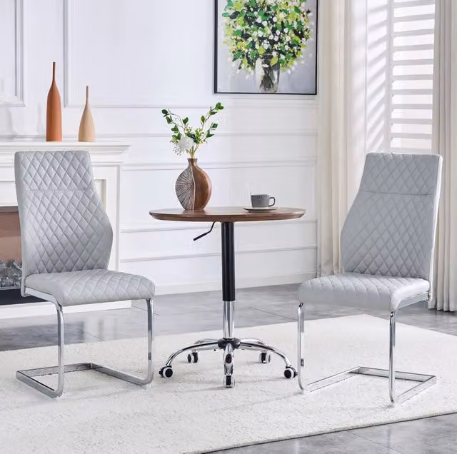 Set di 2 Sedie da Pranzo con Schienale Alto, Rivestimento PU Grigio Chiaro e Struttura in Metallo Antiscivolo Argento