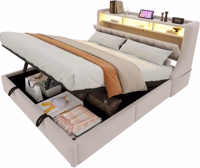 Letto matrimoniale imbottito 180x200 con contenitore idraulico; testiera multifunzione e LED; velluto beige