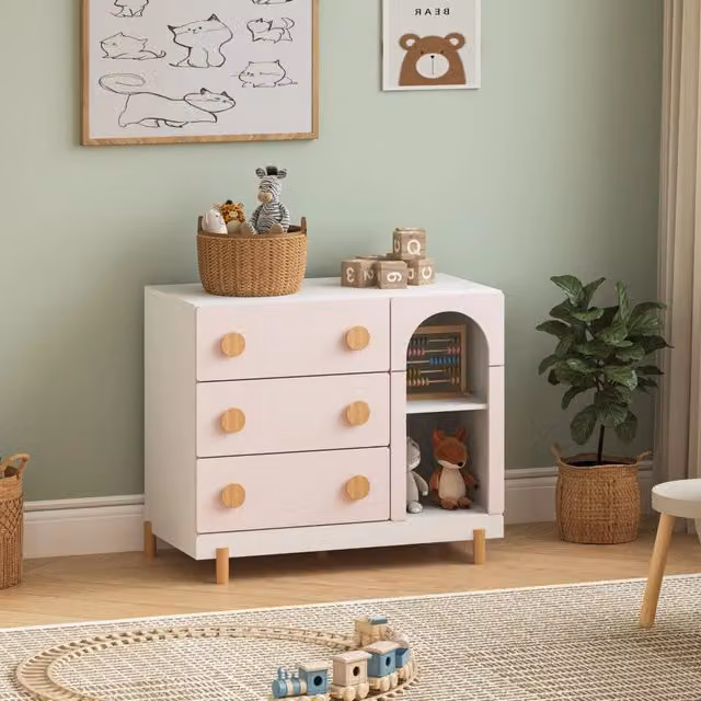 Cassettiera per cameretta Vaarentaa en.casa con 3 cassetti e 2 vani aperti, Bianco/Rosa, L: 79 cm, P: 41 cm, H: 66 cm