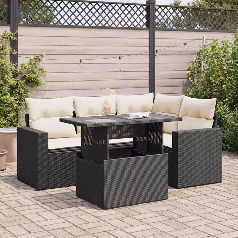 Set da giardino vidaXL composto da 5 pezzi con divano a L, poltrone, tavolino e cuscini in polyrattan nero e struttura in acciaio con coperture rimovibili