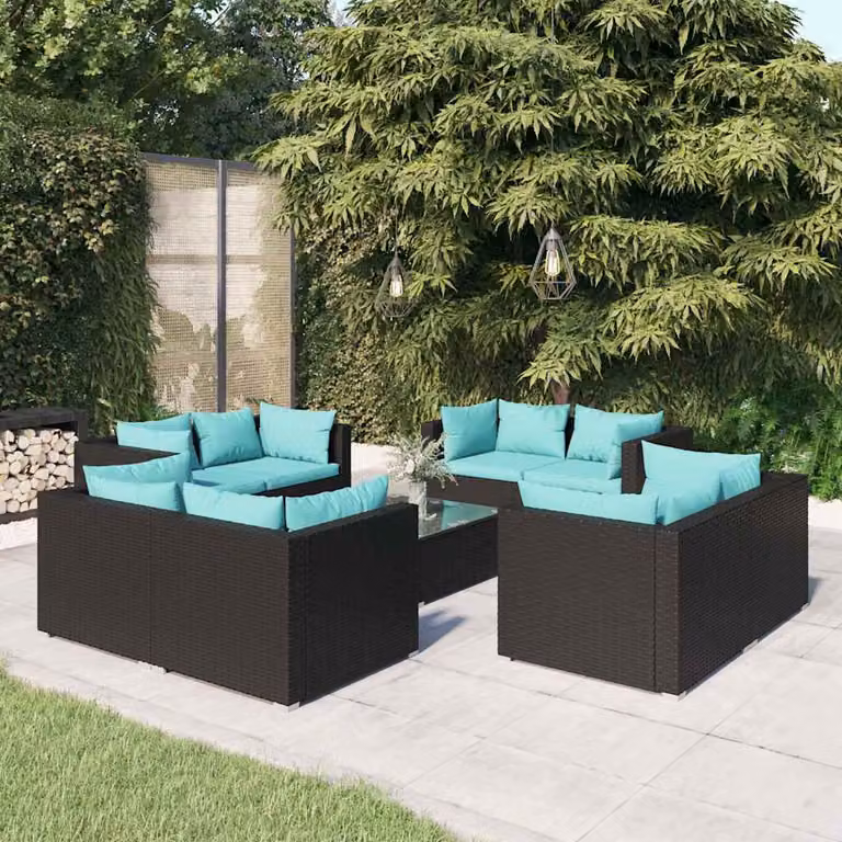 Set Divani da Giardino vidaXL 9 pz a Forma a U con Cuscini Blu e Tavolino, Struttura in Metallo Nero e Polyrattan