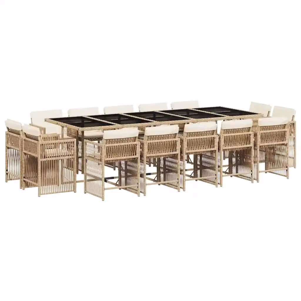 Set da pranzo da giardino vidaXL in polyrattan con cuscini beige e piano in vetro, 15 pezzi – 2