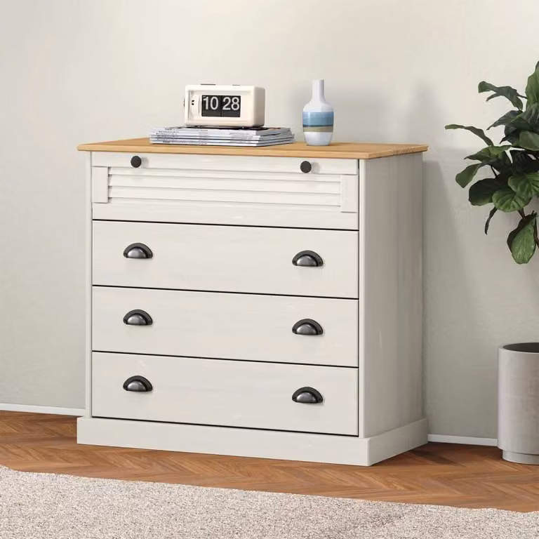 The Living Store Cassettiera VIGO White 80x40x76 cm in legno di pino massiccio