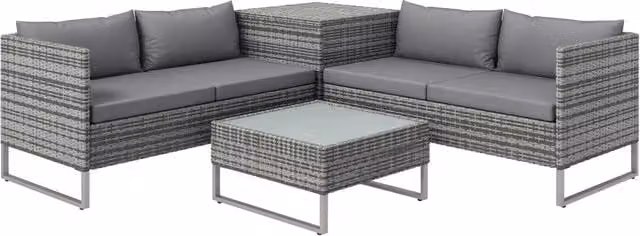 Set da giardino Outsunny 4 pezzi composto da divano a L e tavolino in polyrattan e acciaio grigio con cuscini inclusi