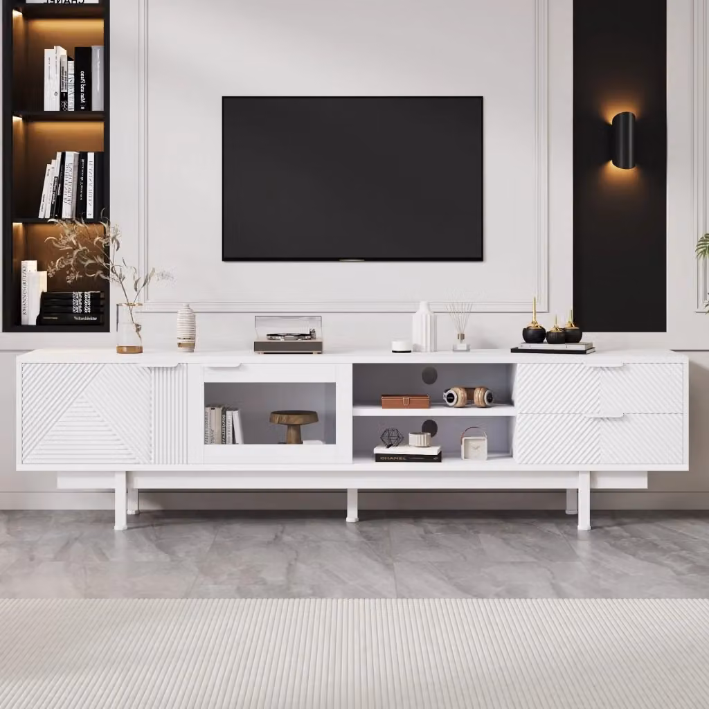 Mobile TV moderno MODFU bianco con vetro temperato e finitura opaca L: 200 cm, P: 40 cm, H: 50,5 cm – 2