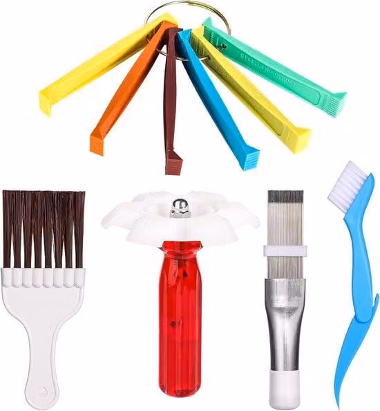 Kit di pulizia per condizionatori - 5 pezzi - Pettine per alette - Spazzole per condensatore - Pettine per lamelle - Kit di pulizia per condizionatori - Set di pulizia per alette del condensatore del condizionatore - Detergente per alette del condensatore
