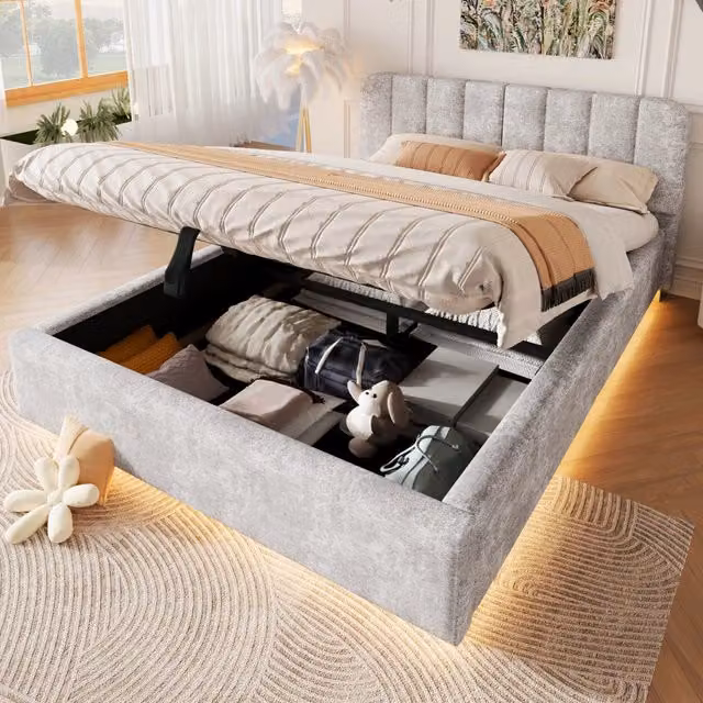Letto matrimoniale imbottito 140 x 200 cm con contenitore idraulico; luce LED e rivestimento in ciniglia grigio chiaro