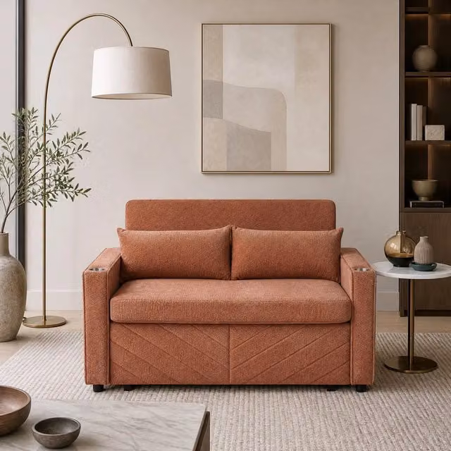 Divano letto 3 in 1 con sistema scorrevole e porte USB per soggiorno ufficio e ospiti in legno e tessuto arancione