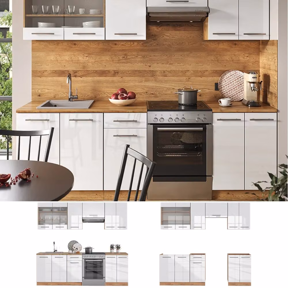 Cucina componibile moderna Fame-Line Vicco Bianco lucido e Rovere dorato L: 240 cm – 2