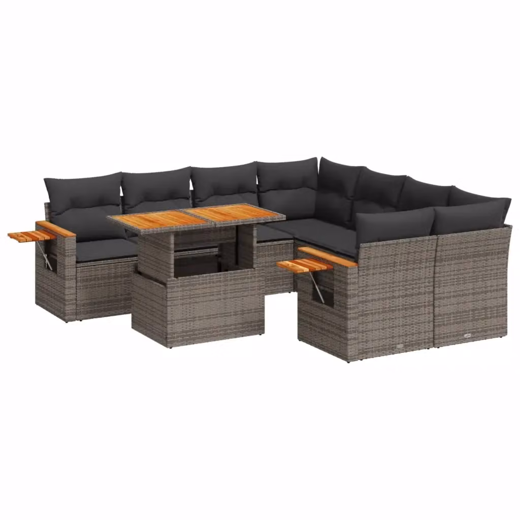 vidaXL Set Divano da Giardino a L 9 pz in Polyrattan Grigio con Cuscini e Tavolino – 2