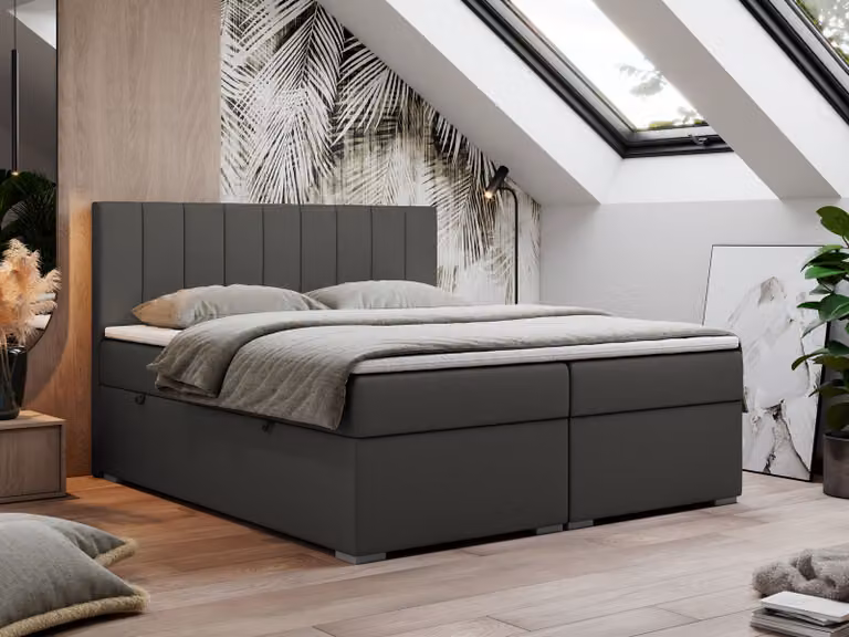 Letto con rete a molle 160x200, letto 160x200 con materasso e topper, letto con rete a molle e contenitore, letto matrimoniale - LOPE - 160x200 - Grigio scuro - Ecopelle - H4