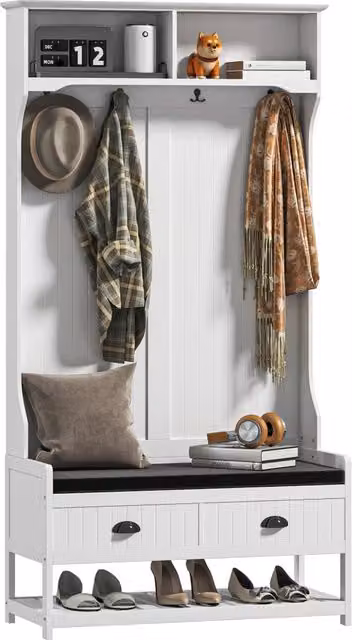 Appendiabiti con Panca Portascarpe ¨C Xylo ¨C Metallo e MDF Bianco e Grigio