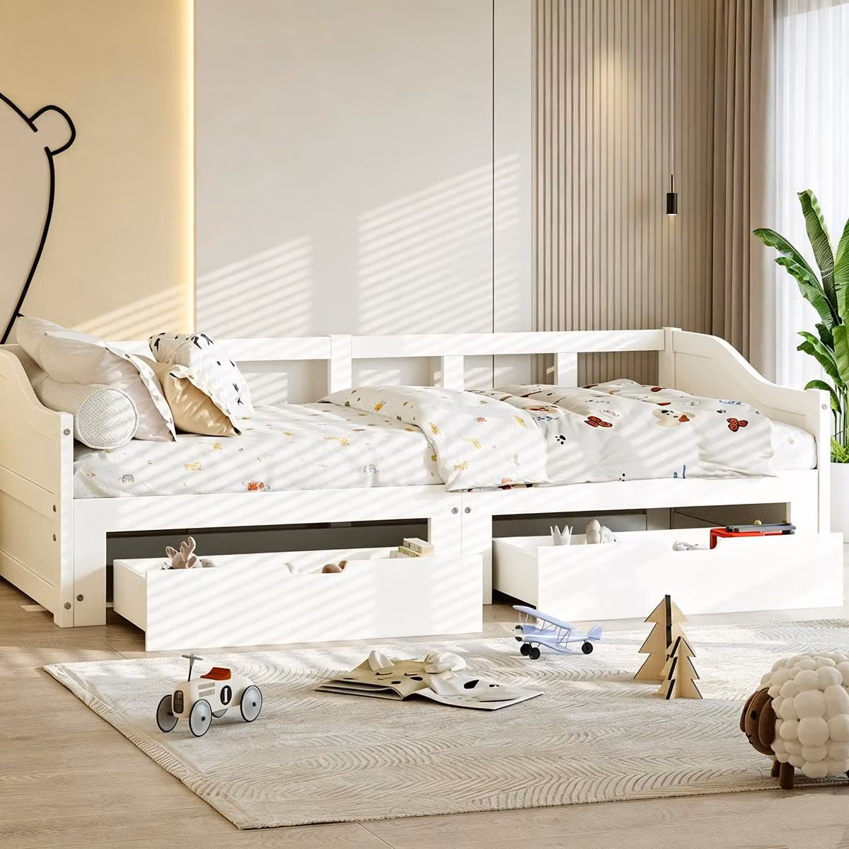 Letto a giorno estendibile INONEFT, 90/180x200 cm, divano letto con 2 cassetti, combinazione divano-letto, struttura in legno massello, senza materasso, colore bianco.