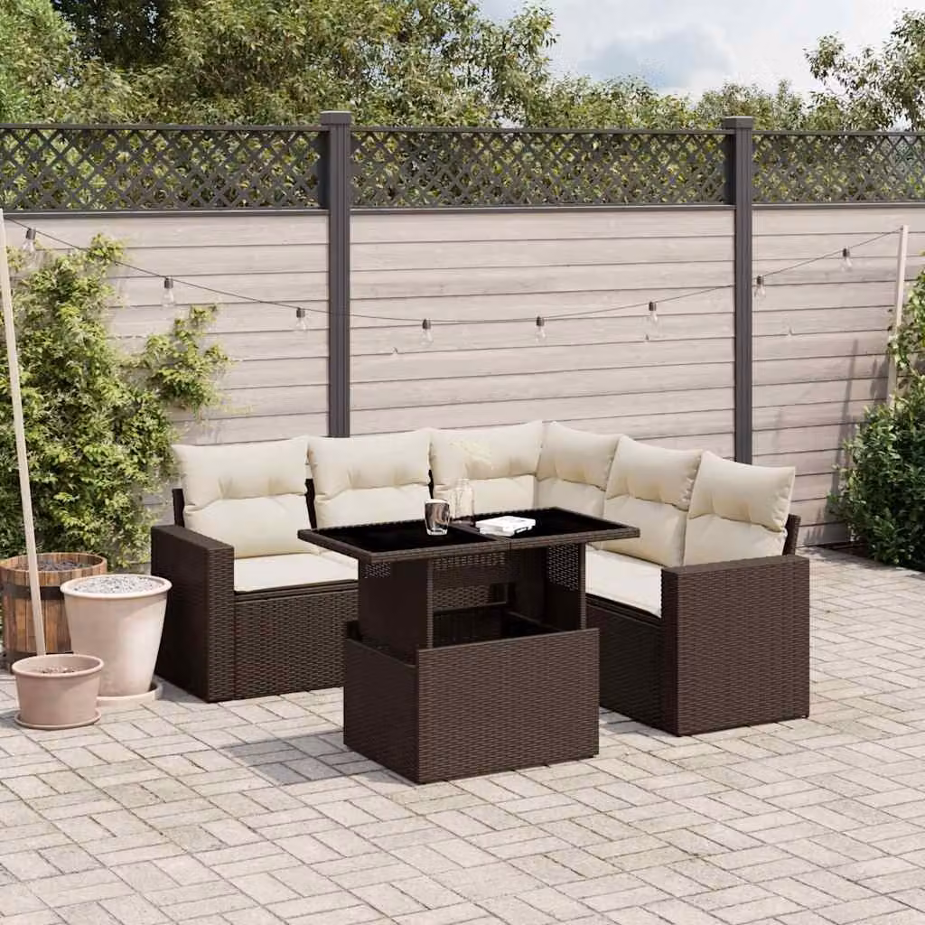 Set Divano da Giardino vidaXL 6 pz a L in Polyrattan Marrone con Cuscini Bianchi e Tavolino – 1