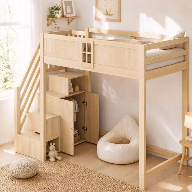 Letto a soppalco 90x200 cm in legno naturale con scala reversibile e vani contenitore
