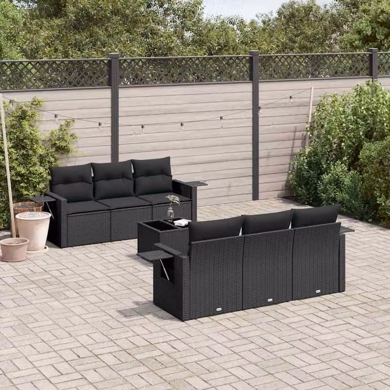 Set Divani da Giardino vidaXL in Polyrattan Nero con 7 Cuscini e Tavolino da Caffè