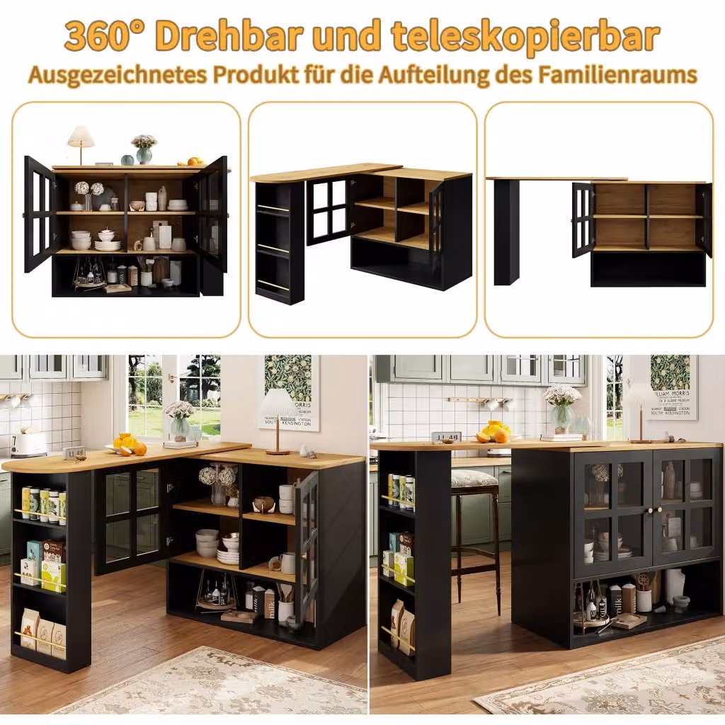 Credenza girevole moderna REDOM in MDF nero lucido con ante in vetro L: 138-204 cm, P: 39 cm, H: 102,5 cm – 2
