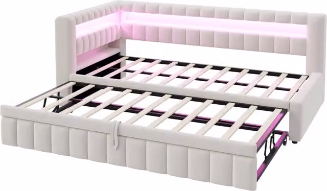 Letto singolo estraibile Chicfurn in velluto beige con illuminazione LED, porte USB e Type-C e ripiani laterali, L/P/H: 90 x 200 x 102 cm
