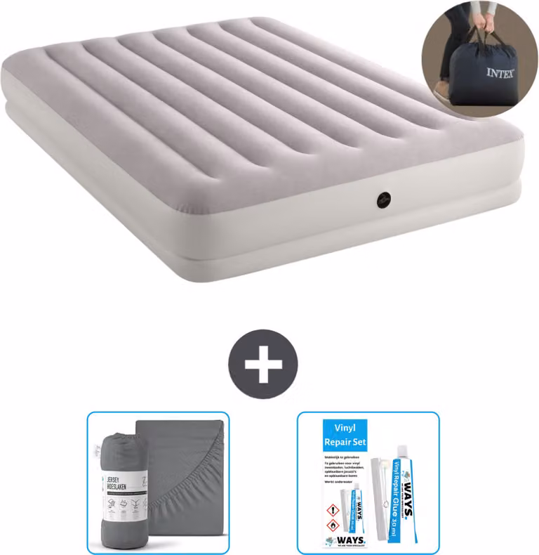 Intex Airbed - 2 persone - 152 x 203 x 30 cm - Grigio - Incluso pompa - lenzuolo e kit di riparazione