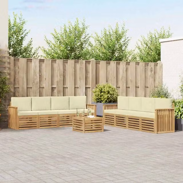 Set di mobili da giardino vidaXL composto da 9 pezzi con divani, tavolino da caffè e cuscini in tessuto resistente ai raggi UV, colore bianco e beige, struttura in legno di acacia trattato – 1