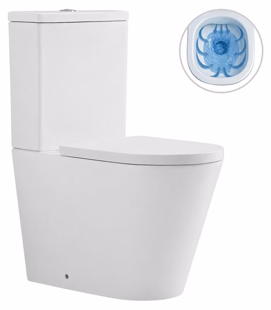 WC combinato a pavimento Comforto, design senza bordo + sedile in PP - bianco lucido - 89,5x39 cm