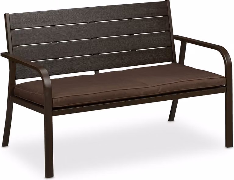Panchina da giardino Relaxdays con cuscini di seduta, effetto legno, dimensioni: 78 x 118 x 66 cm, a 2 posti, robusta panchina da balcone, panca, marrone