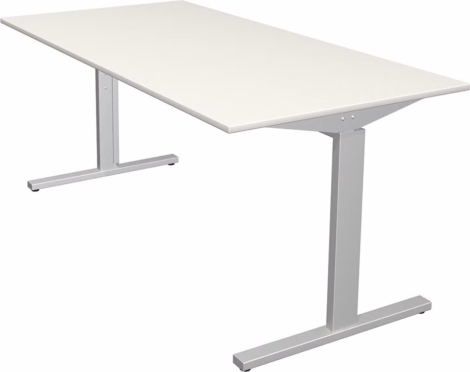 Scrivania Kerkmann Form 2 160x80x70-82 cm, base a T, alluminio argento e bianco