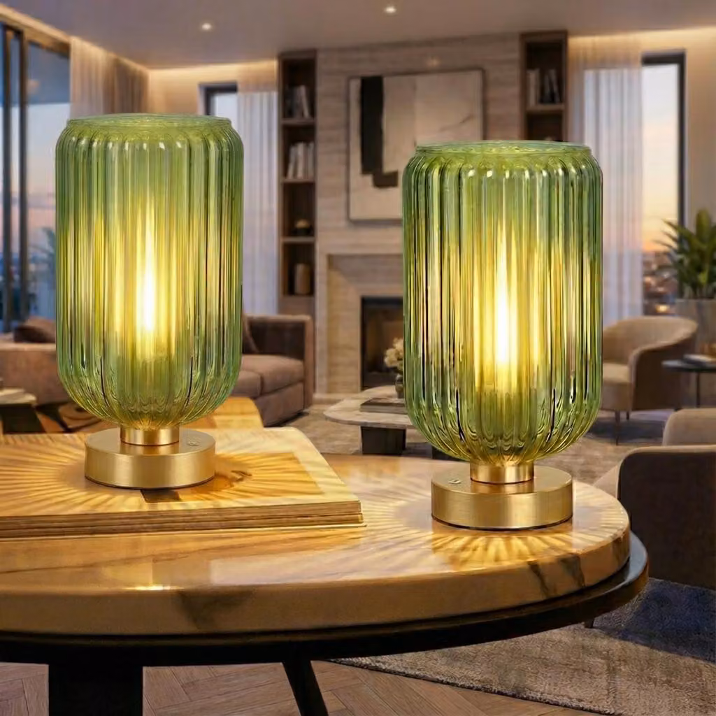 Set da 2 lampade da tavolo vintage a batteria, verde con base dorata, 7500 mAh, lampade da tavolo retrò in vetro senza fili, regolazione dell'intensità luminosa tramite comando touch, lampada da notte in stile Mid-Century per camera da letto e soggiorno