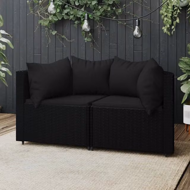 Set di 2 Divani Angolari da Giardino Moderni vidaXL in Polyrattan Nero con Cuscini – 1