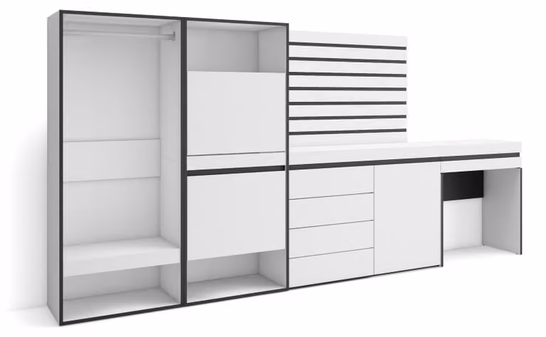 Armadio per scarpe, dimensioni 297x145x35 cm, con 2 ante a battente, 2 scomparti aperti, realizzato in melaminico, colore bianco/nero