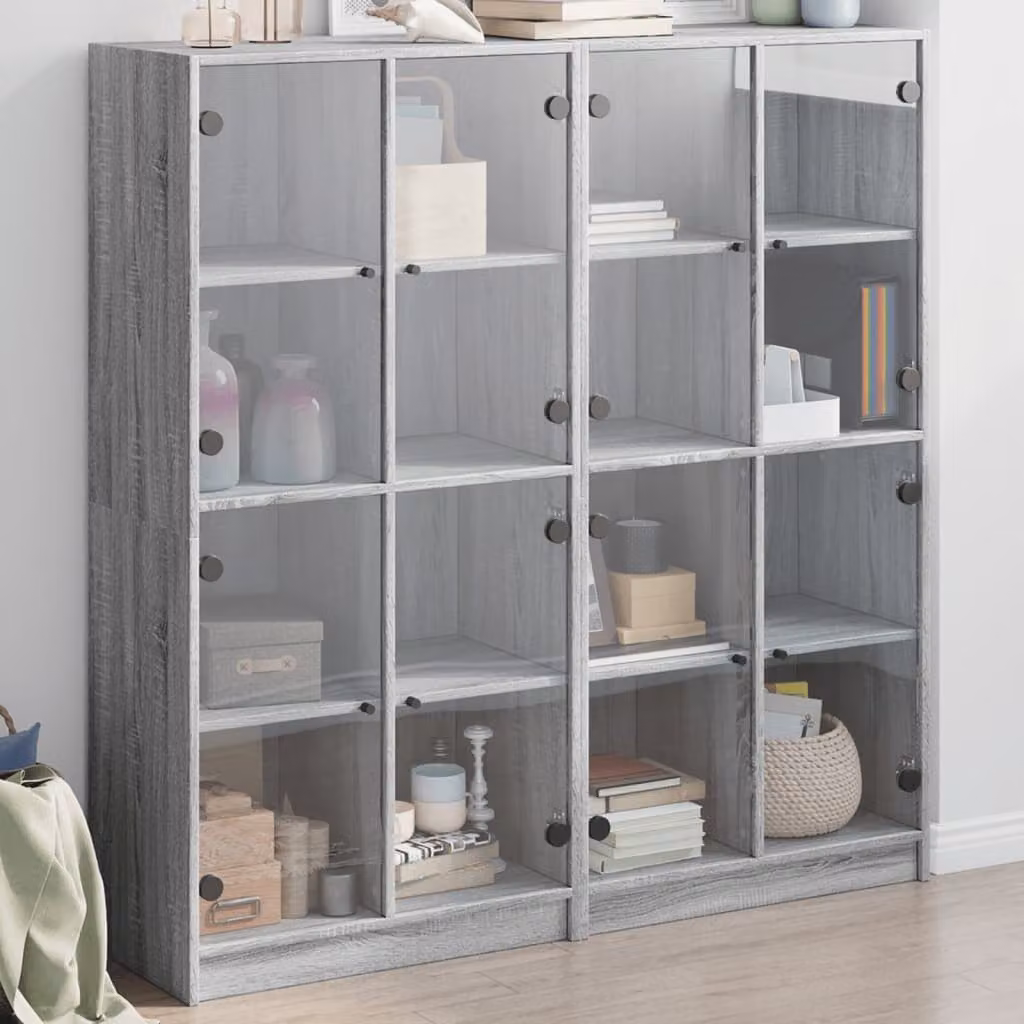 Libreria moderna vidaXL con ante in vetro e ripiani interni, Grigio, L: 136 cm, P: 37 cm, H: 142 cm