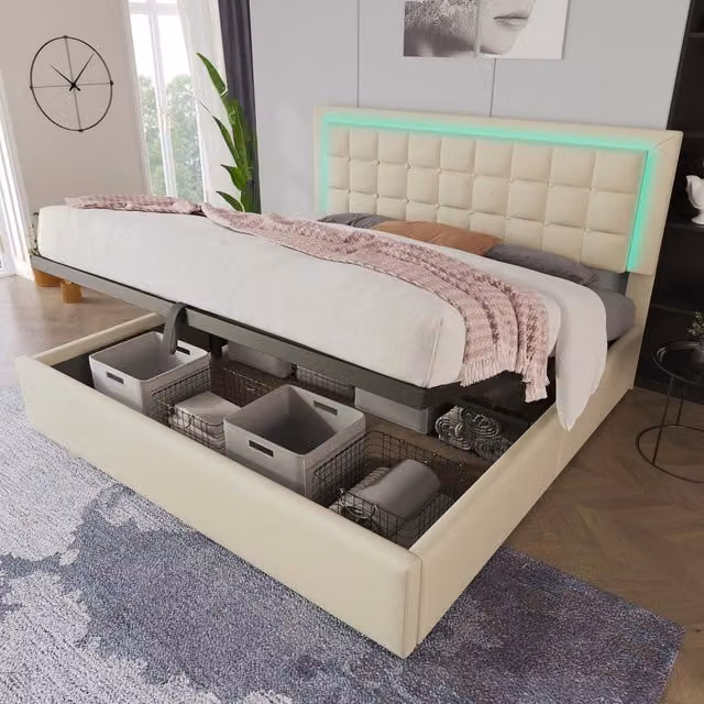 Letto Contenitore Imbottito con LED ¨C Xylo ¨C Similpelle Bianco 140x200