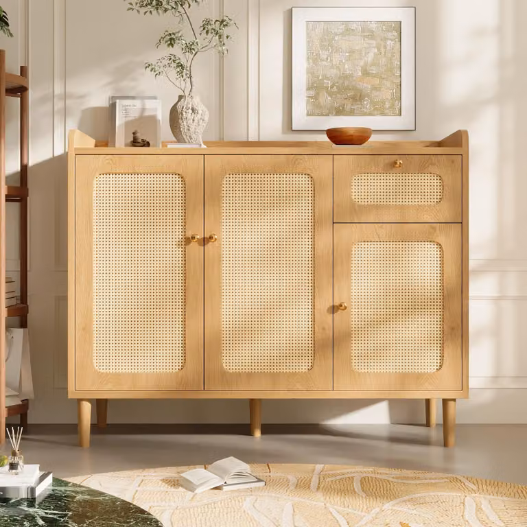 Comodino Flieks con cassetto, mobiletto contenitore in rattan, armadio per il soggiorno con ante e ripiani regolabili, credenza 120x40x91 cm, in legno di quercia
