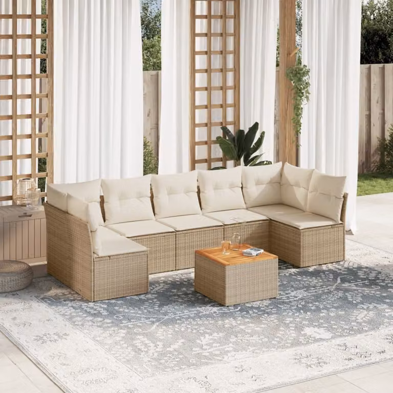 vidaXL Set Divano da Giardino a L 8 pz con Tavolino e Pouf in Polyrattan e Legno di Acacia, Colore Beige e Marrone