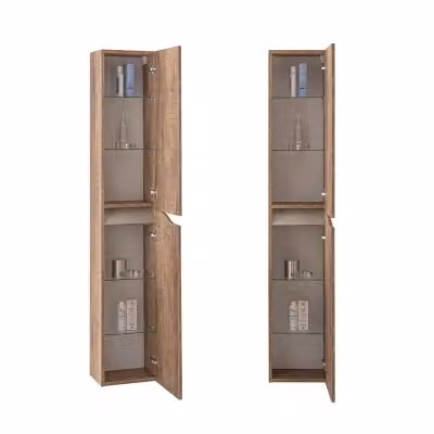 Colonna bagno sospesa Sumya moderna in legno e vetro, colore tabacco e tortora, Altezza: 160 cm, Larghezza: 30 cm, Profondità: 22 cm – 2