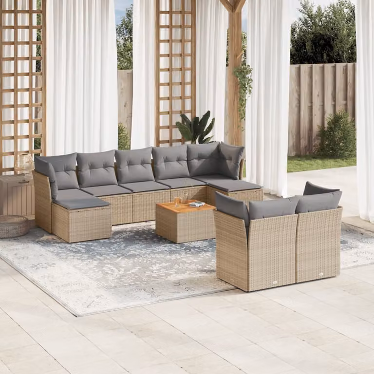 vidaXL Set Divano da Giardino 10 pz in Polyrattan con Cuscini Beige e Tavolino da Esterno
