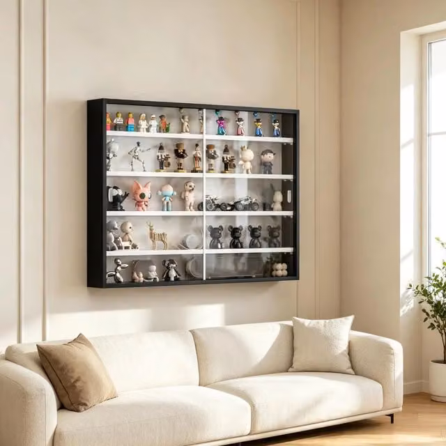 Vetrina da parete 80x9.5x60 cm con 4 ripiani regolabili in vetro e truciolare