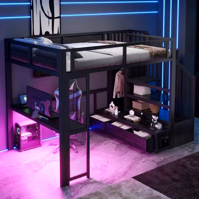 Letto a soppalco 140 × 200 cm con scrivania, 3 cassetti, armadio aperto, LED e USB, senza materasso, nero
