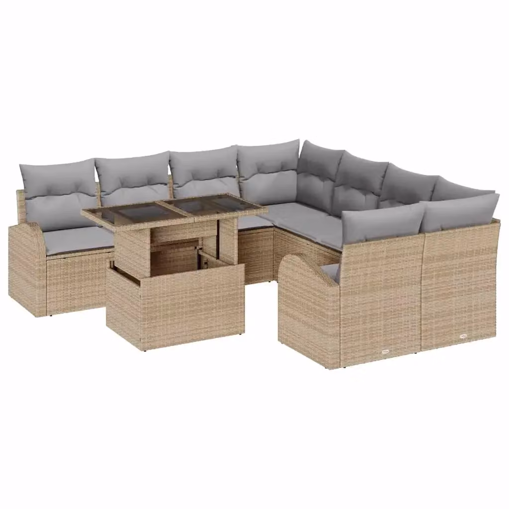 vidaXL Set Divano da Giardino a Forma di U in Rattan con Tavolino e Cuscini, 9 Pezzi, Beige e Grigio – 2