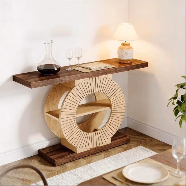 Consolle ULEVR in legno marrone 113x41,5x21 cm con base rotonda e ripiani, stile rustico per ingresso