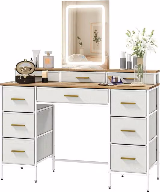 Toeletta da trucco 118,5 x 40 x 75,5 cm specchio illuminato 3 colori moderno morbido in truciolare legno naturale 21_0003740