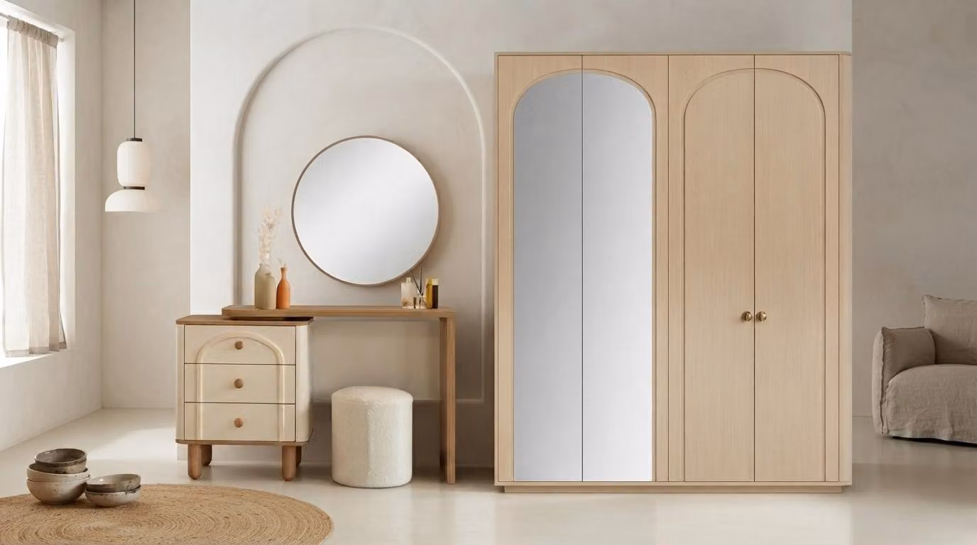 Armadio, tavolino da trucco, set beige, design moderno, lusso, specchio, sgabello