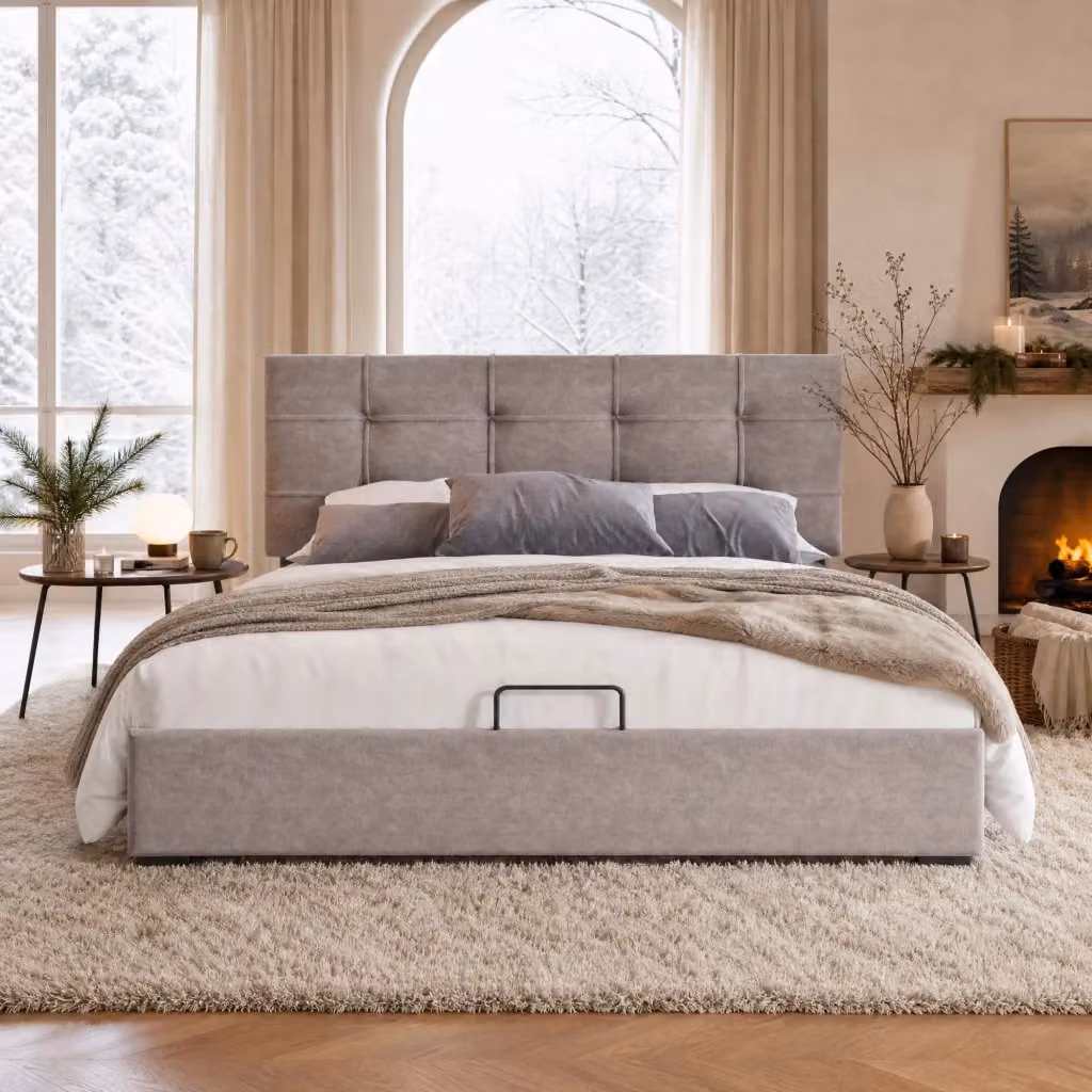 Letto contenitore Mivray in velluto grigio con testiera regolabile e rete a doghe sollevabile L/P: 140 x 200 cm – 2