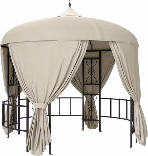 Gazebo da Giardino Rotondo ?3m con Tende e Prese d'Aria in Metallo e Poliestere, Beige