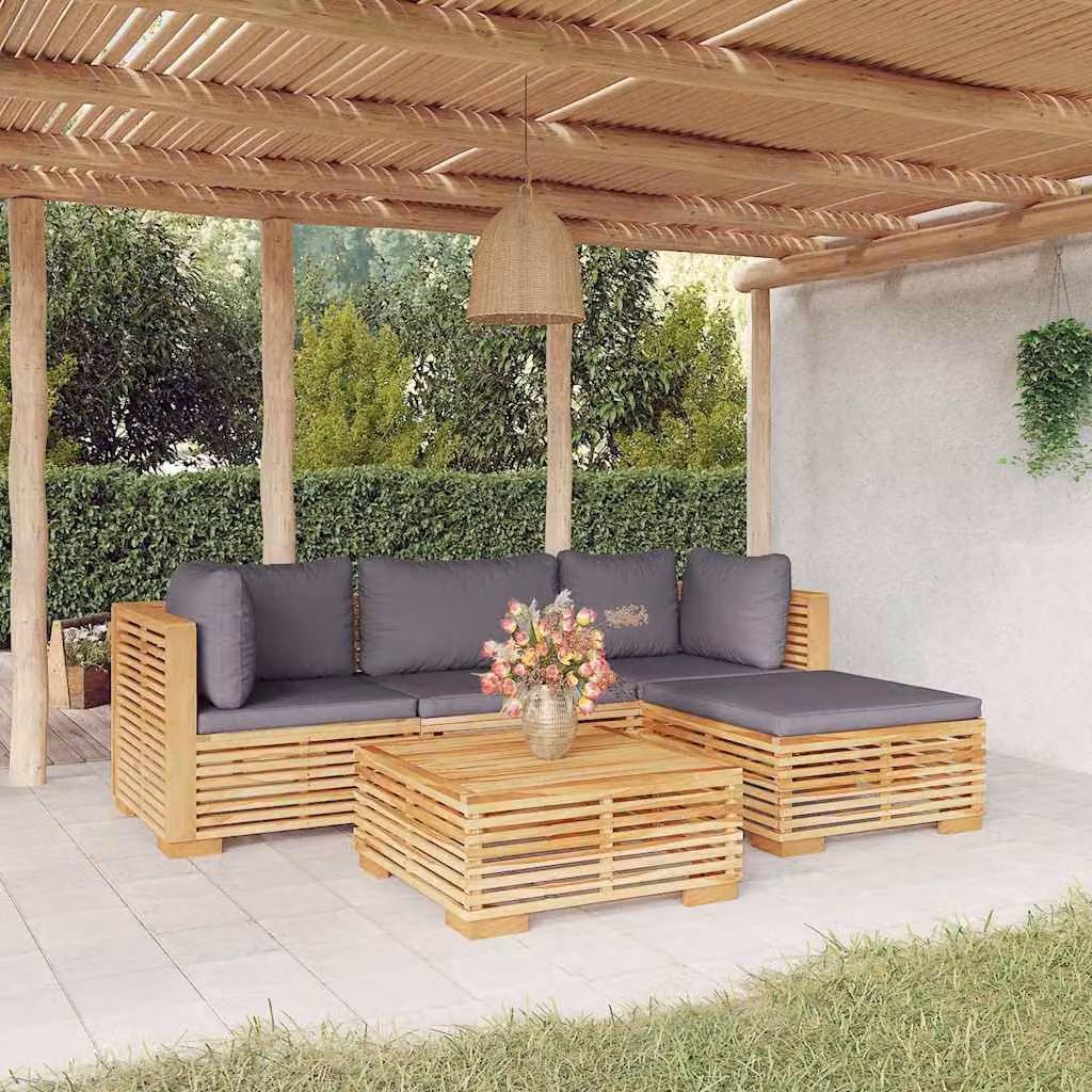 Set di divani da giardino vidaXL in legno massello di teak con cuscini, composizione a L con pouf e tavolino da esterno, marrone e grigio